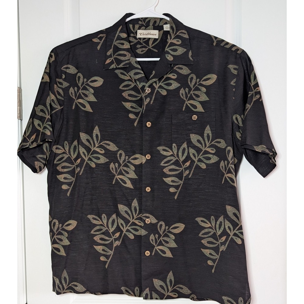 NWOT Caribbean Mens L Silk Blend Leaf Print Camp Shirt Black Short Sleeve NICE!
